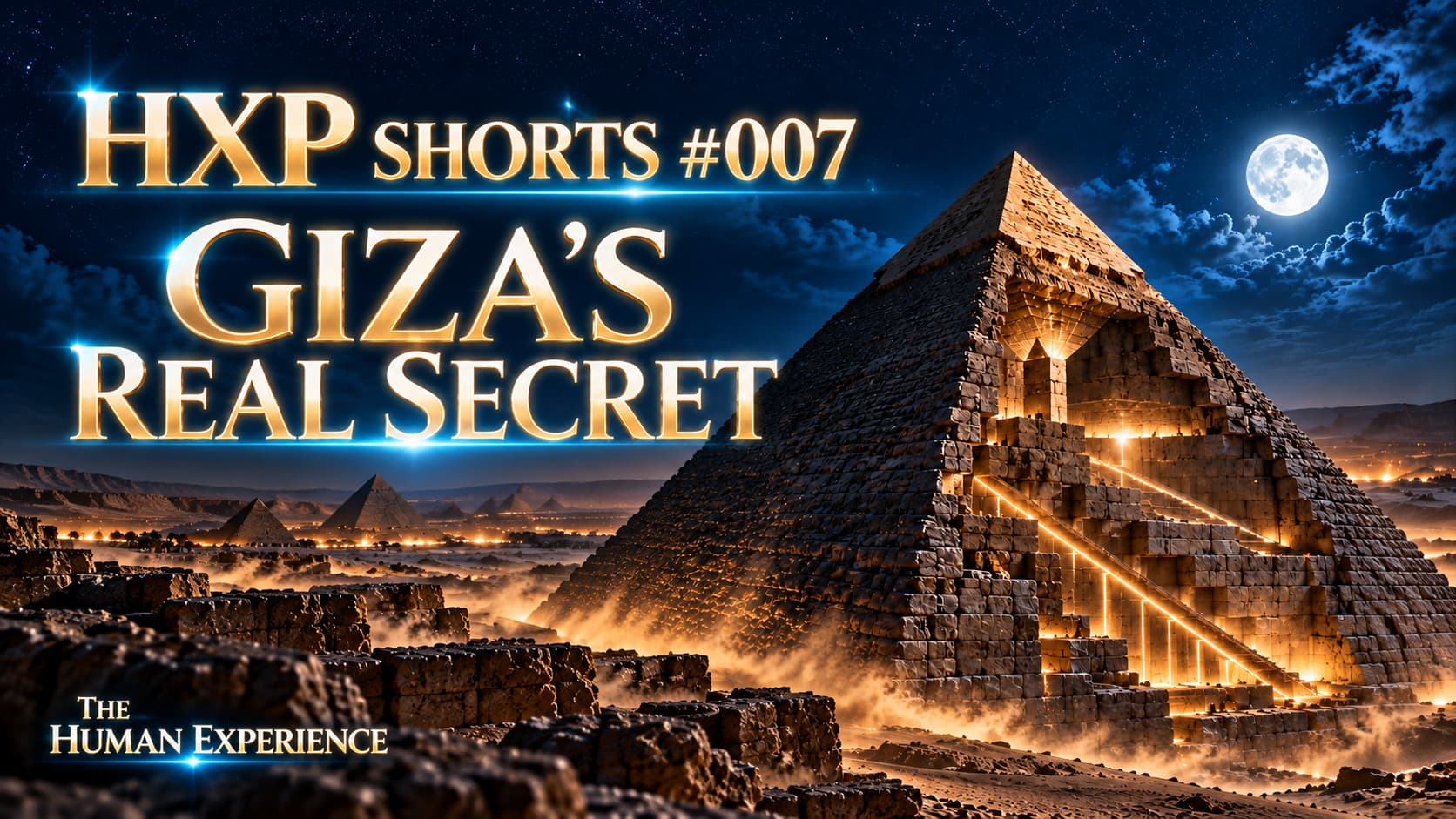 Great Pyramid cutaway under a starry desert sky, with glowing lettering HXP SHORTS #007, GIZA’S REAL SECRET and THE HUMAN EXPERIENCE.
