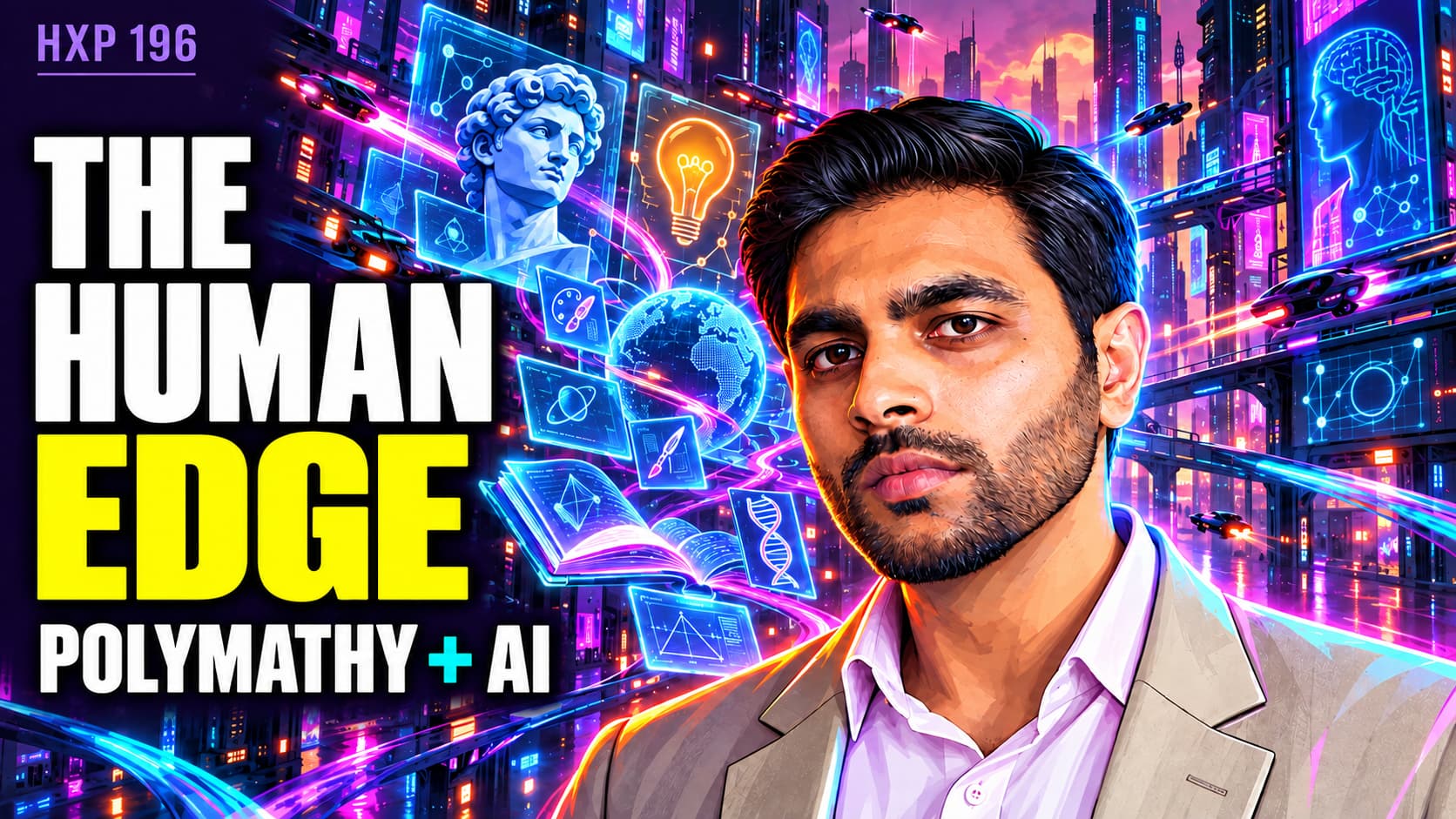 Cyberpunk illustrated portrait of Waqas Ahmed with a futuristic city and the words The Human Edge, Polymathy + AI.