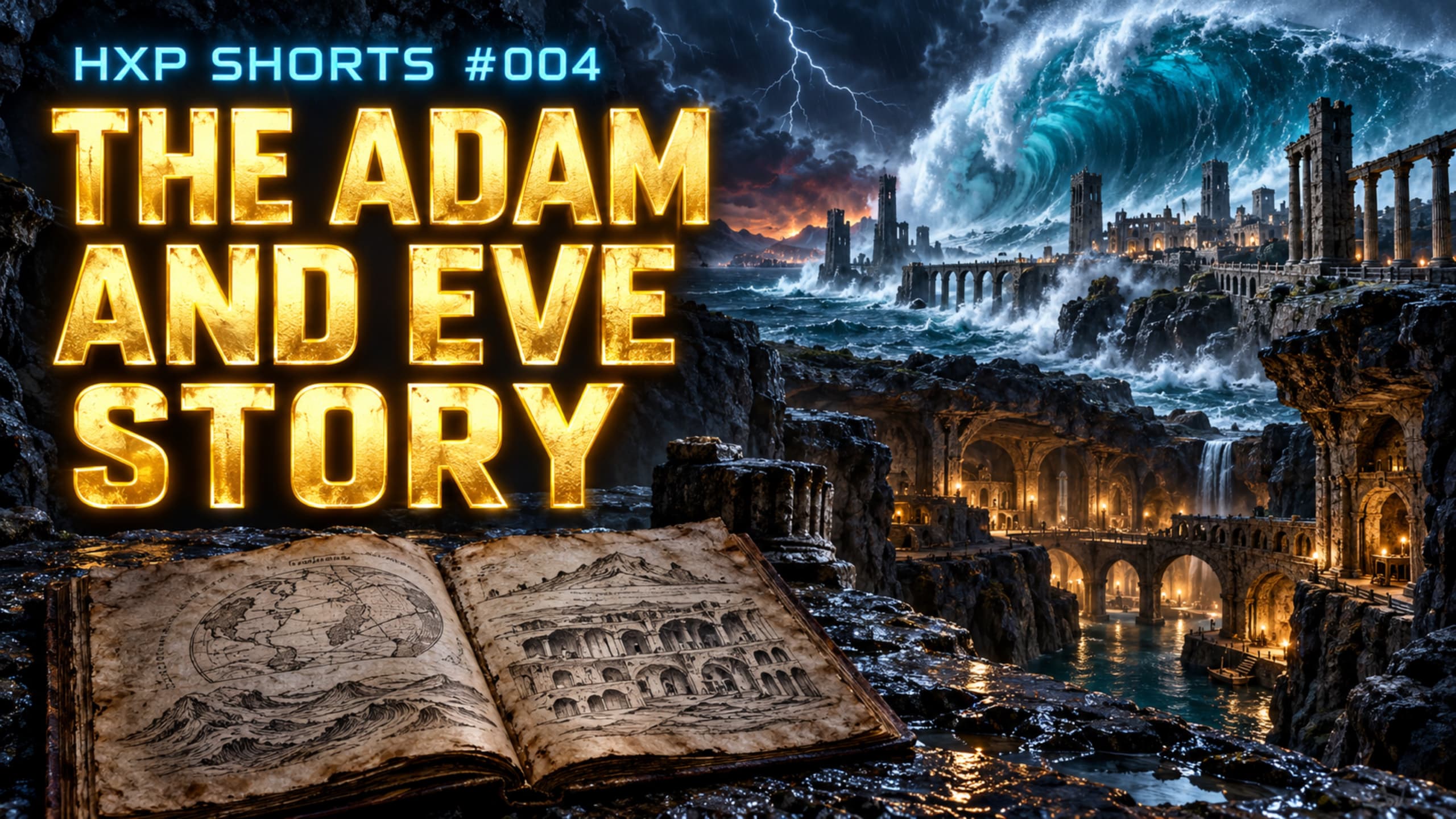 HXP SHORTS #004 — The Adam and Eve Story: an ancient manuscript and illuminated stone city beneath a towering ocean wave.