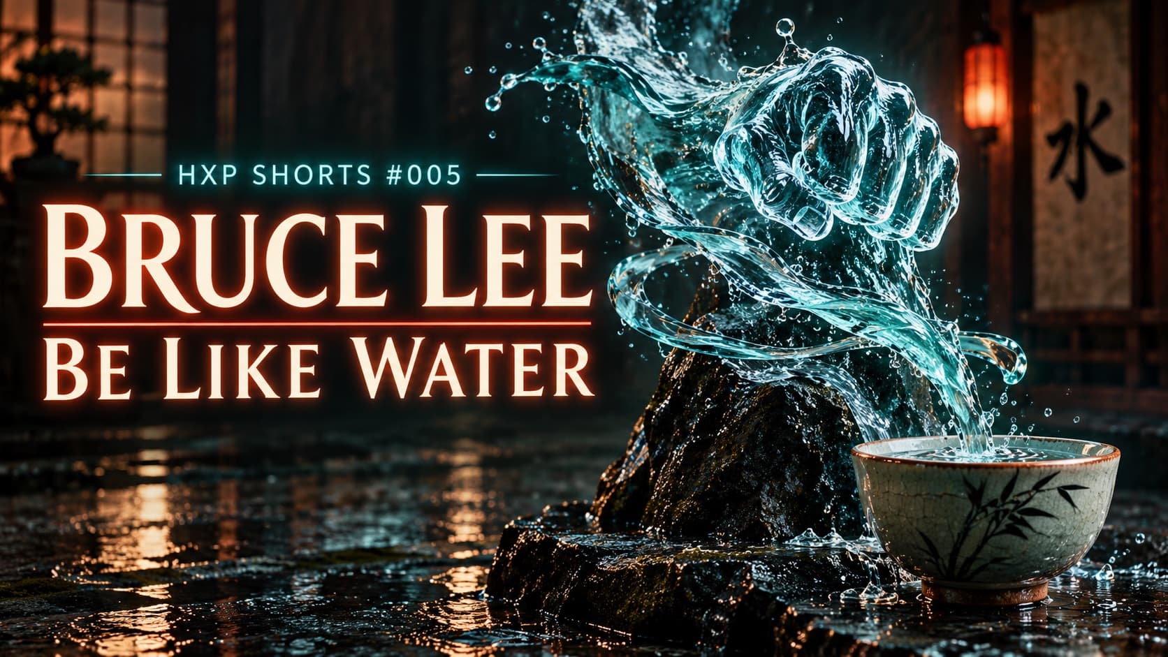 Bruce Lee: Be Like Water — HXP SHORTS #005 artwork showing a luminous water fist flowing around stone into a ceramic cup.