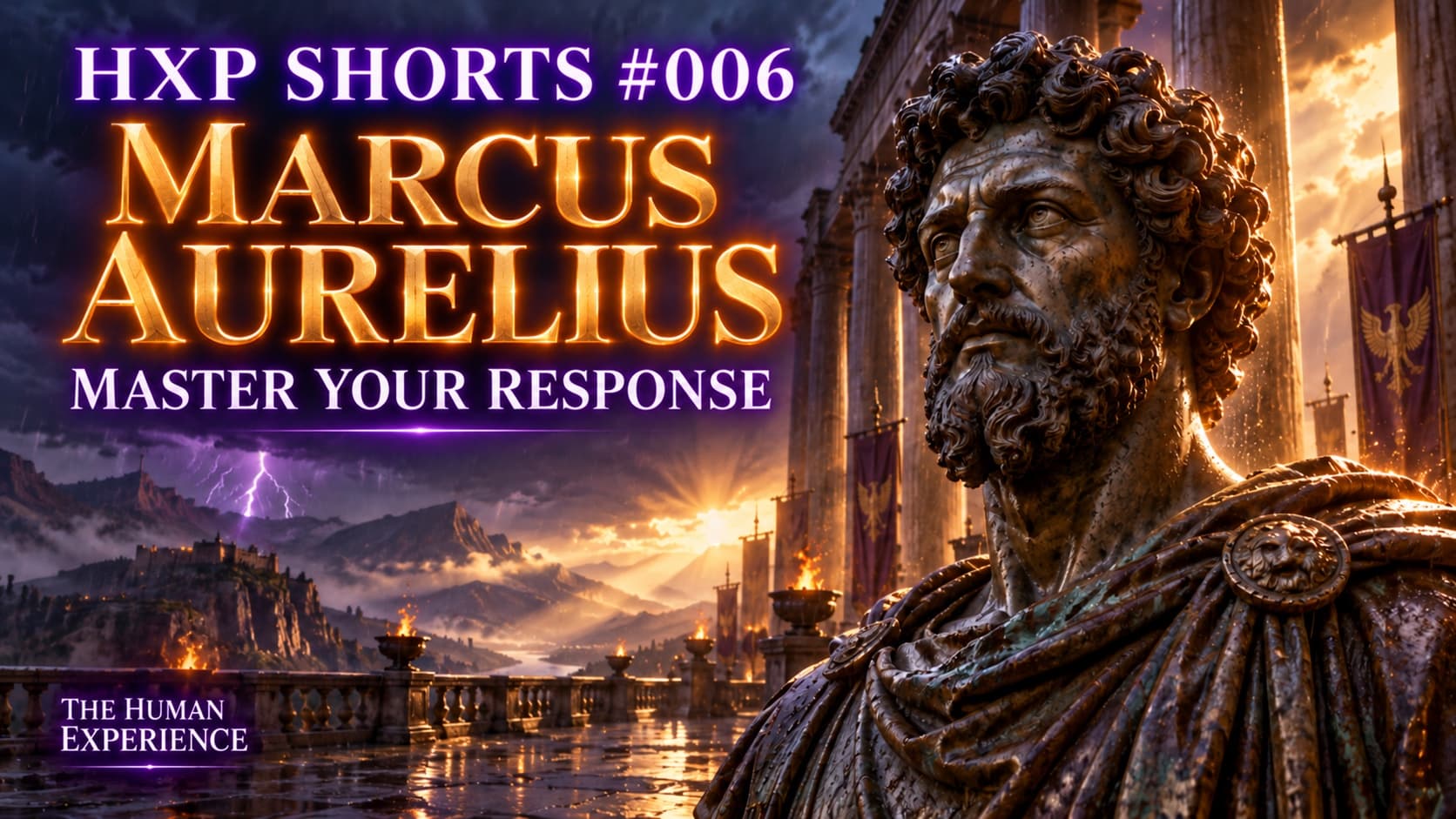 Marcus Aurelius bronze statue against a stormy Roman colonnade, with glowing text HXP SHORTS #006, MARCUS AURELIUS, and MASTER YOUR RESPONSE.