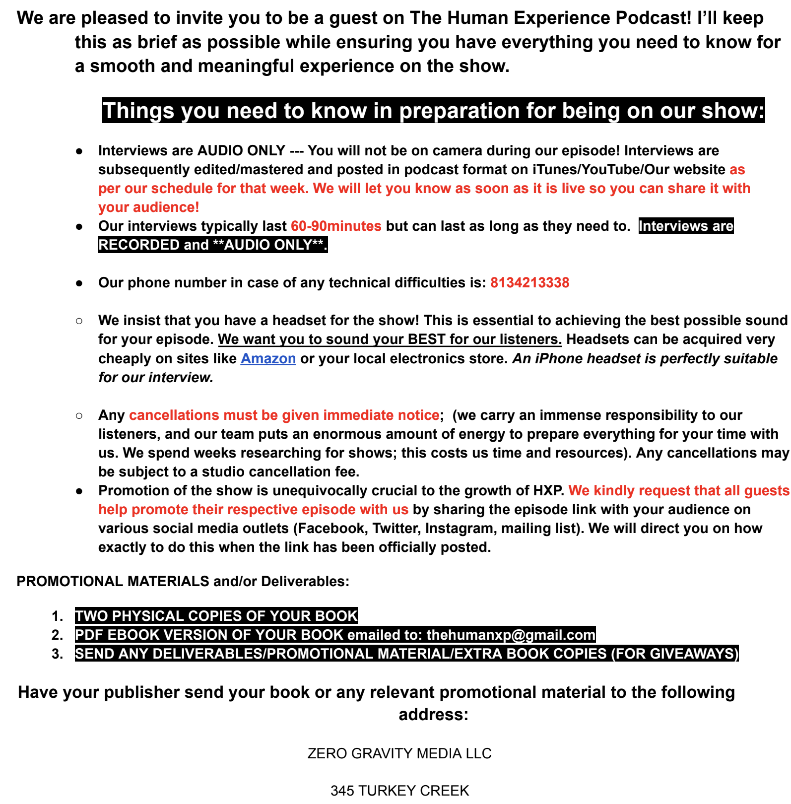 The Human Experience guest preparation guide: audio-only interviews lasting 60–90 minutes, technical support at 8134213338, a required headset, cancellation notice, episode promotion, and book delivery instructions.